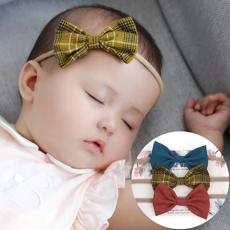 

Baby Girls Hair Bows Headband Plaid Cloth Big Bow Elastic Nylon Head Bands Infant Toddler Hair Accessories Kids Bow Headwear