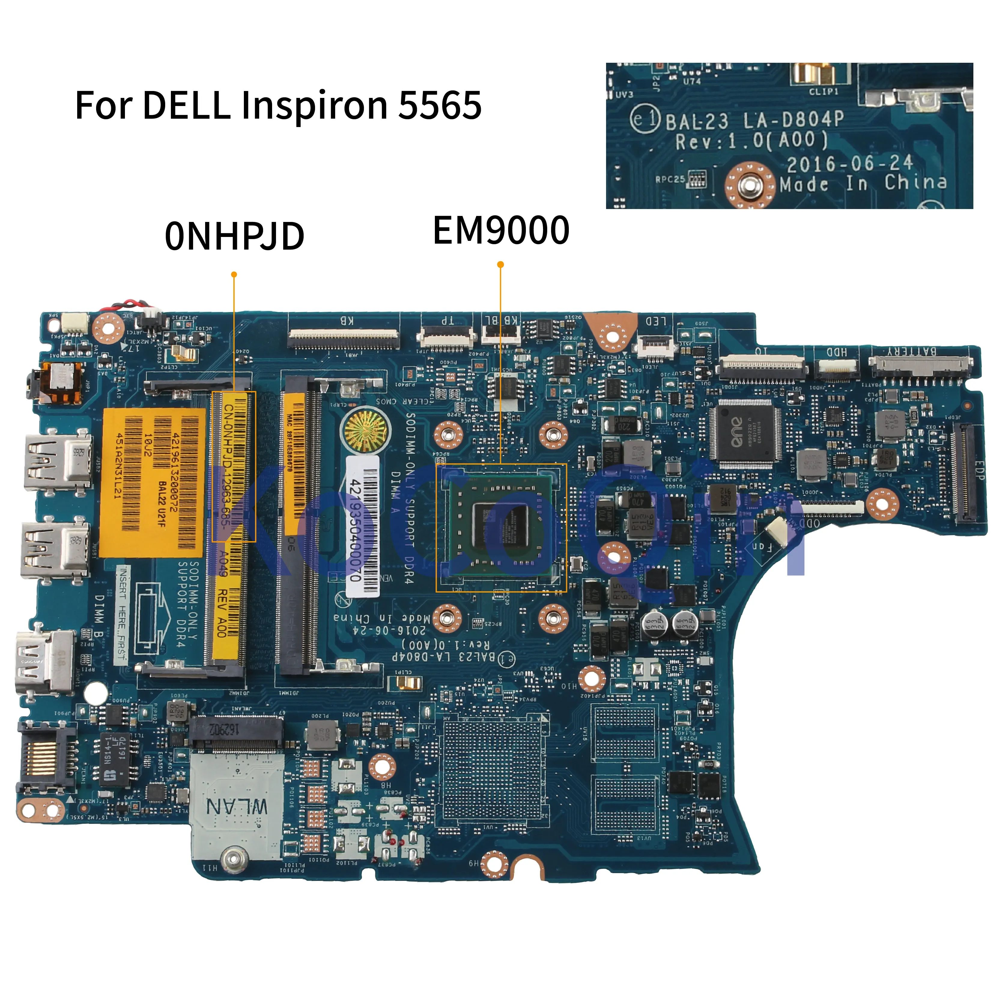  KoCoQin Laptop motherboard For DELL Inspiron 15 5565 5567 E2-9000 EM9000 0NHPJD CN-0NHPJD BAL23 LA-