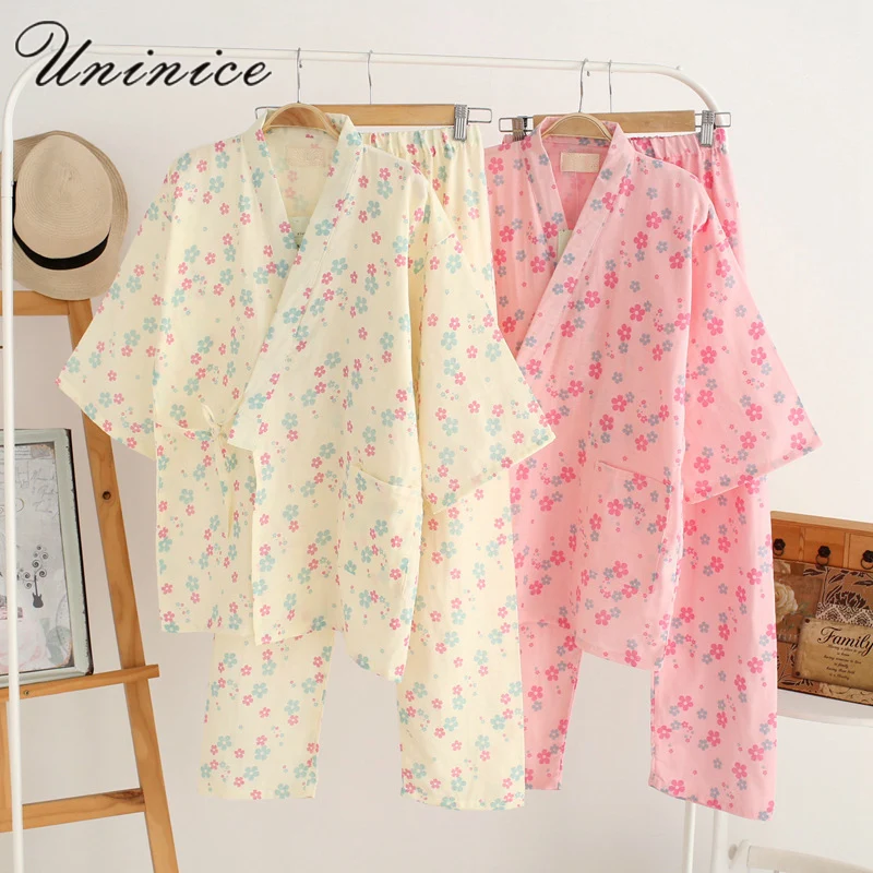 Japanese Kimono Pajamas Sets Women's Yukata Robes Sleepwear Bathrobe