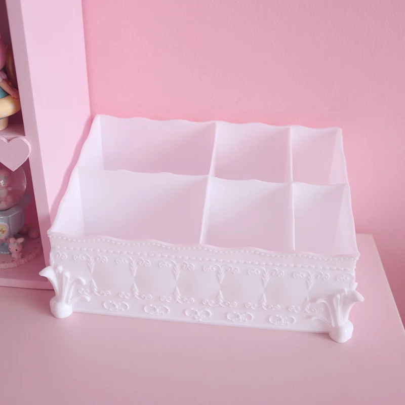 

6 Grids Lace Retro Cosmetic Storage Box French Embossed Girl Desktop Makeup Brush Office Articles Basket Sundries Container
