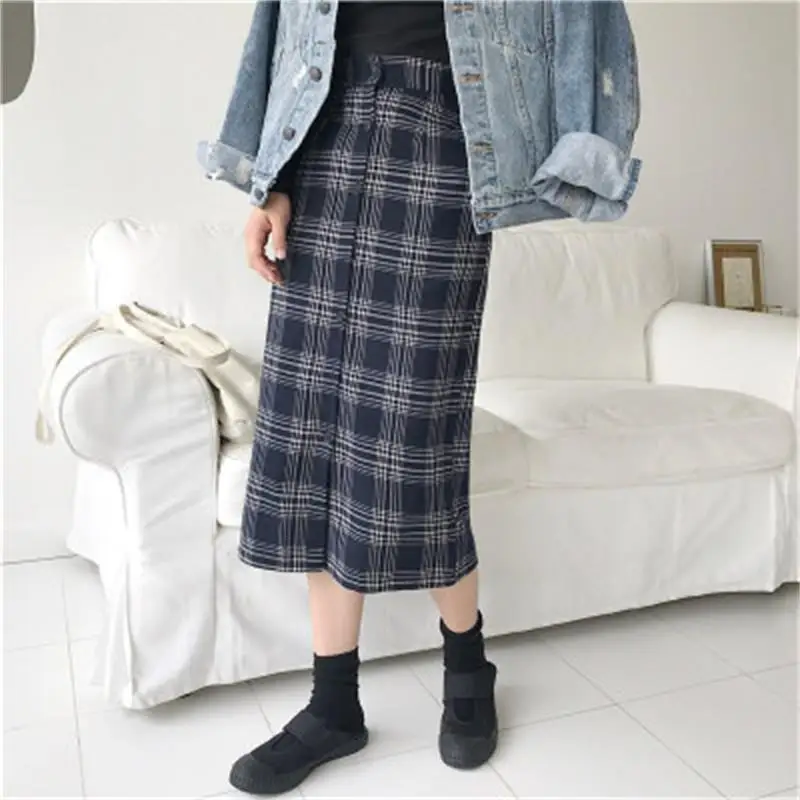 Весна и Осень Новая мода дамы Высокая талия ретро решетки Темперамент Длинная юбка была тонкой
