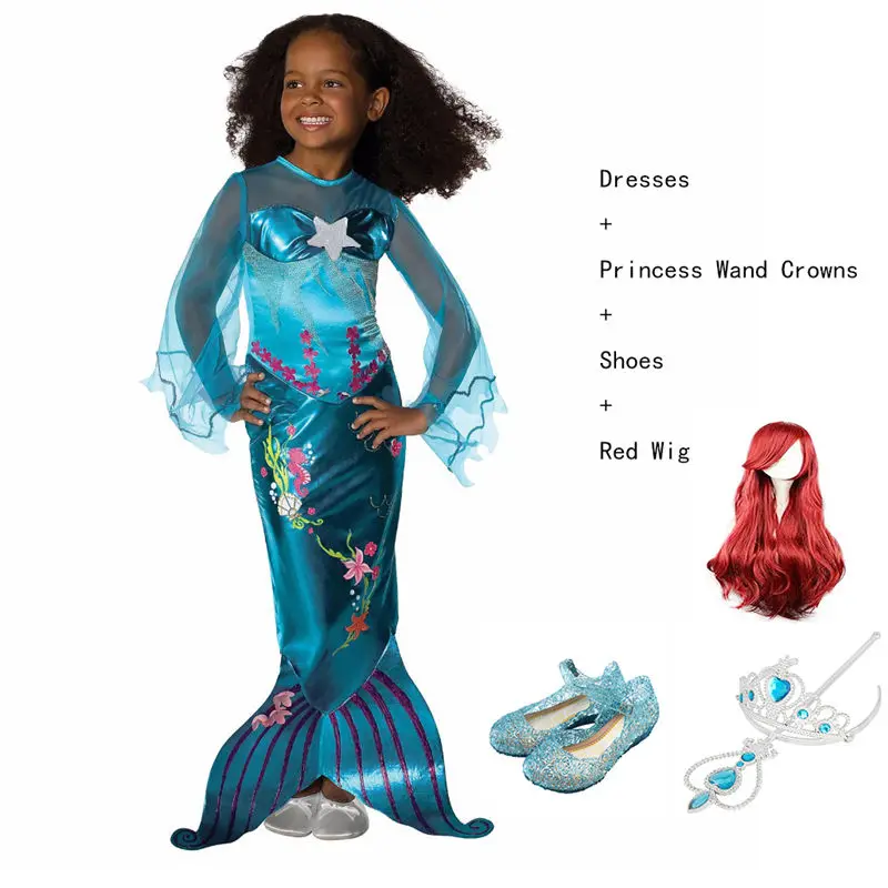 Маскарадные костюмы для девочек, Русалочка, Линда, фантазия, менина Ариэль, праздничные платья с жемчугом, Детские карнавальные костюмы на Хэллоуин - Цвет: Blue Dresses 01