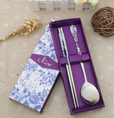 Blue and white porcelain tableware stainless steel chopsticks spoon two 2 piece gift box - Цвет: Purple 2 piece set