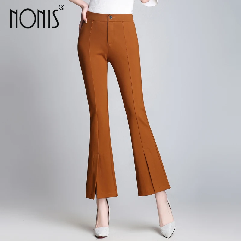 

Nonis New Autumn Black Brown Flared Elastic Ankle Length Women Casual Pant wide leg Split Stretch Trousers femme pantalon