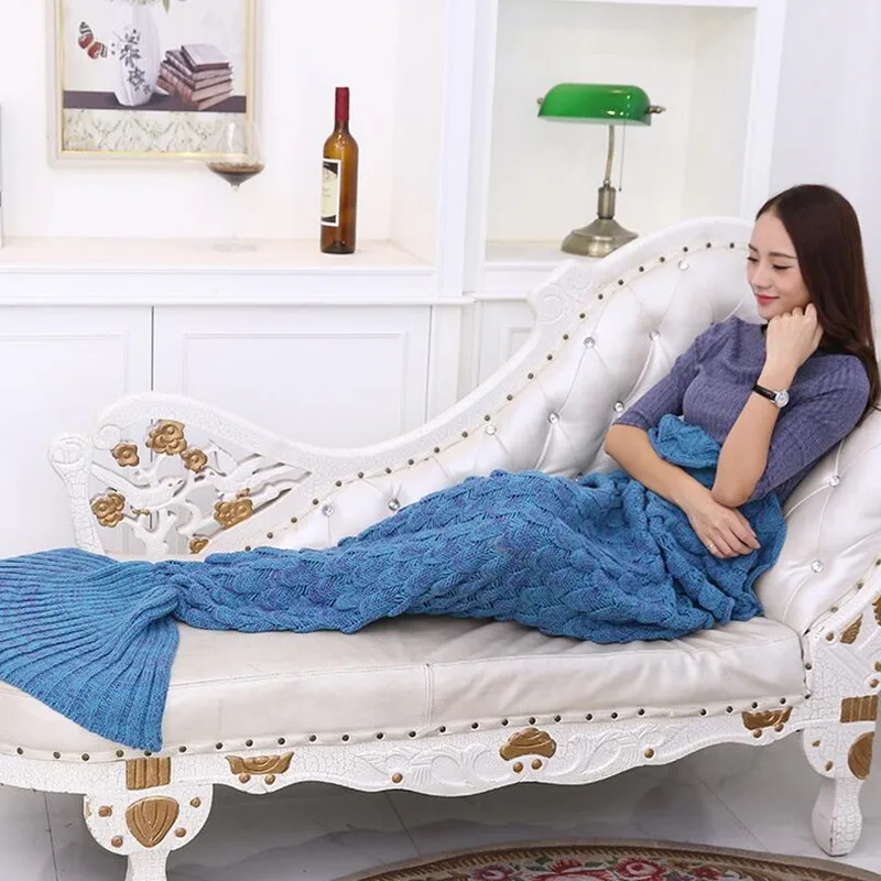 

Lake Blue Fish Scales Mermaid Tail Blanket Wearable Portable Sofa Blanket Knitted Blanket For Baby Children Adults XF1-8