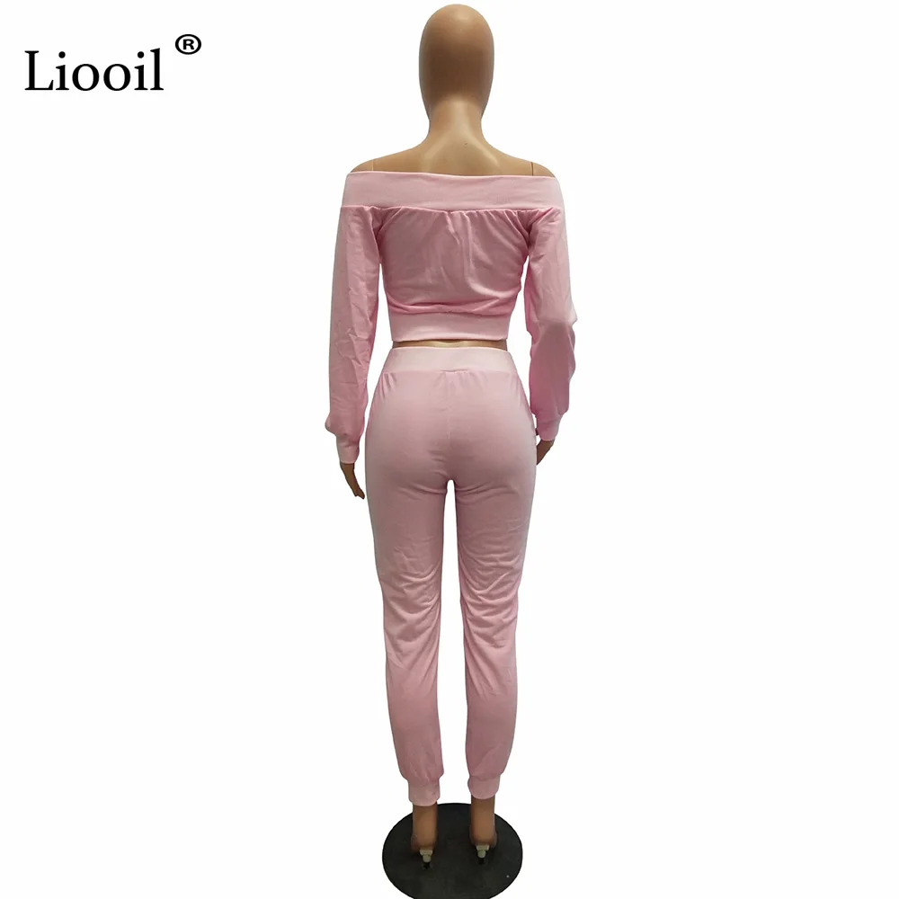 Liooil Off Shoulder 2pcs Active Set Women Outfits Sweatshirt Long Sleeve Crop Top And Pants Lace-Up Track Suits Woman Sets