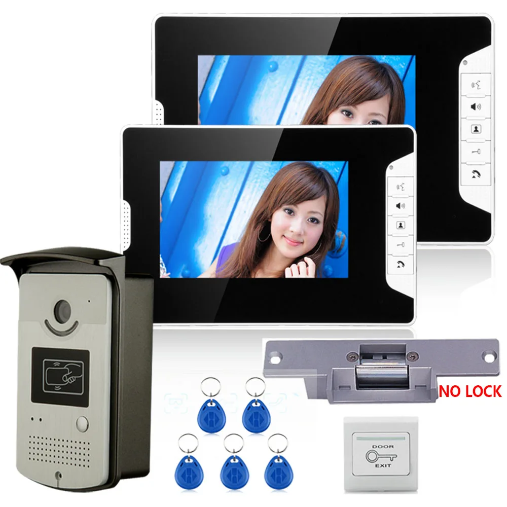 

7" Color Video Door Phone Intercom System With 2 Monitor 1 RFID HD Doorbell 1000TVL Camera + Electric Strike Lock