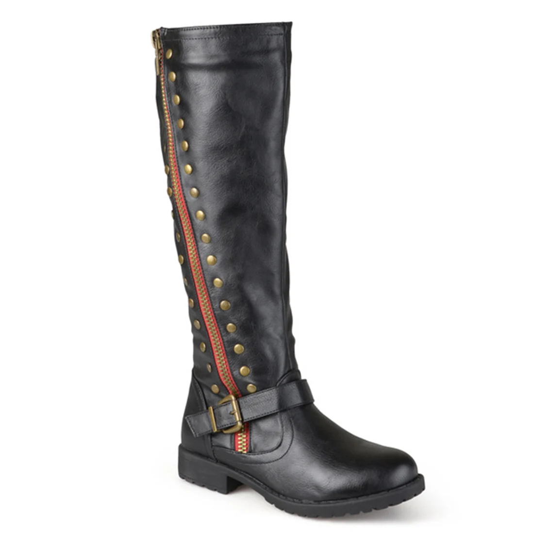 

2018 New Fashion Women Rivet Low Heels Knee High PU Boots Female Zip Buckle Autumn Long Motorcycle Boot Block Chunky
