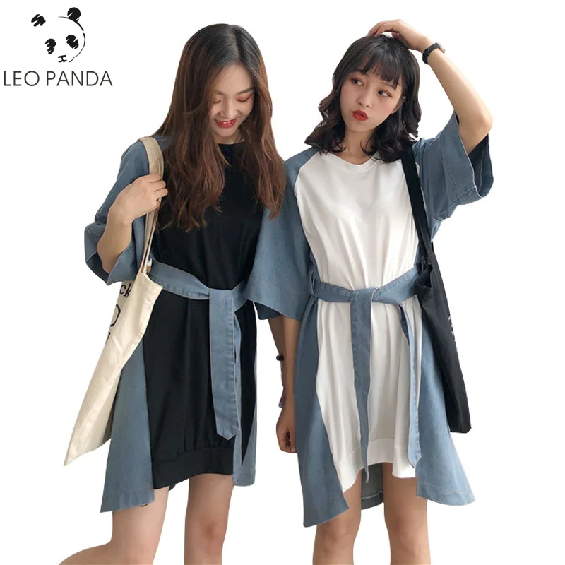 

Summer 2018 New Harajuku style Denim Patchwork Sashes Short Knee-Length Dress Women Fashion Loose Plus Size O-Neck Dresses ZQ292