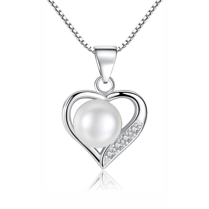 

New 925 Sterling Silver Necklace Natural Freshwater Pearl Ribbon Of Love Heart Necklaces Pendants With 45cm Chain Women Jewelry