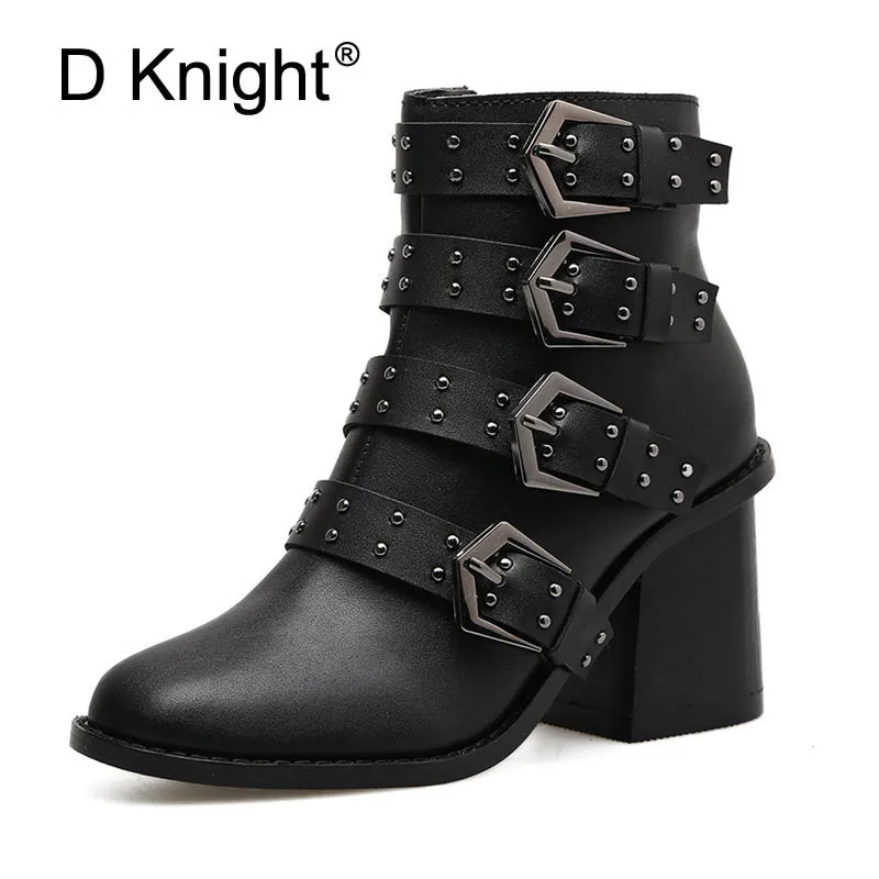 Women Black Buckle Rivet Boots Fashion Autumn Shoes Lady Girl Sping
