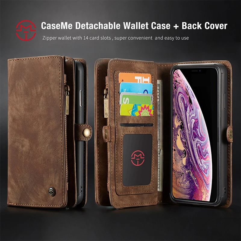 baratas CaseMe Estojo De Couro Genuíno Para o iphone Xs Xs Max Luxo Multi Funcional 2 em 1 Carteira de Couro Tampa Traseira Para iPhone Caso XR XS
