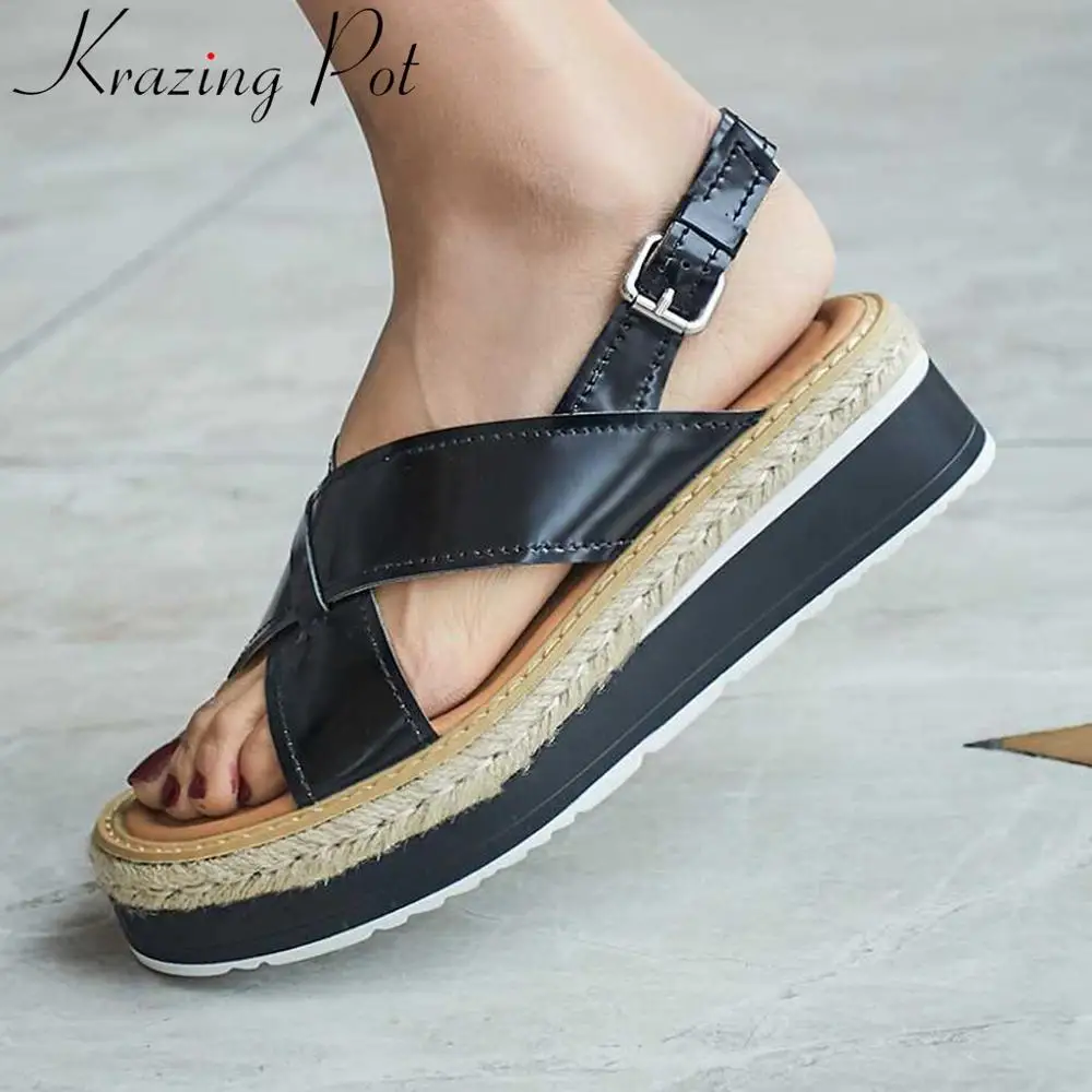 

Krazing pot real cow leather popular gladiator shoes buckle strap peep toe wedges platform med bottom solid women sandals L61