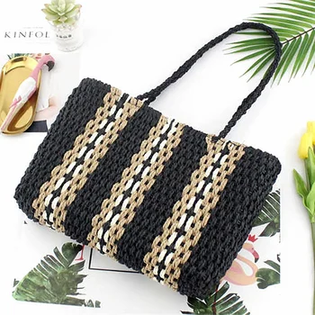

New Portable Square Stripe Straw Bag Fashion Large Capacity Woven Shoulder Bags Single Beach Bag Female Big Handbag