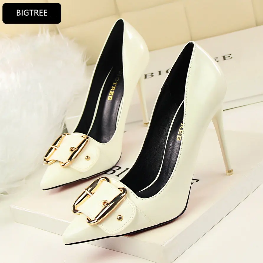

Ultra Heel 10CM Platform Pumps 2018 New Fashion Party Shoe Women High Heels Shoes Patent Leather Metal Buckle Pointed Toe For OL