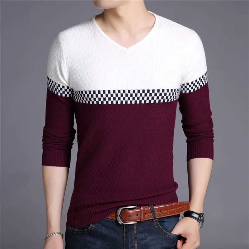 Весенне-осенний свитер для мужчин, Новое поступление, брендовый Повседневный пуловер для мужчин, v-образный вырез, лоскутные вязаные свитера для мужчин, большие размеры - Цвет: A-36 Wine Red