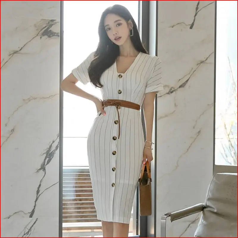 

Women Fashion Summer Stripe lace up Short Sleeve Bodycon Office Lady Elegant Midi Dress whit belt