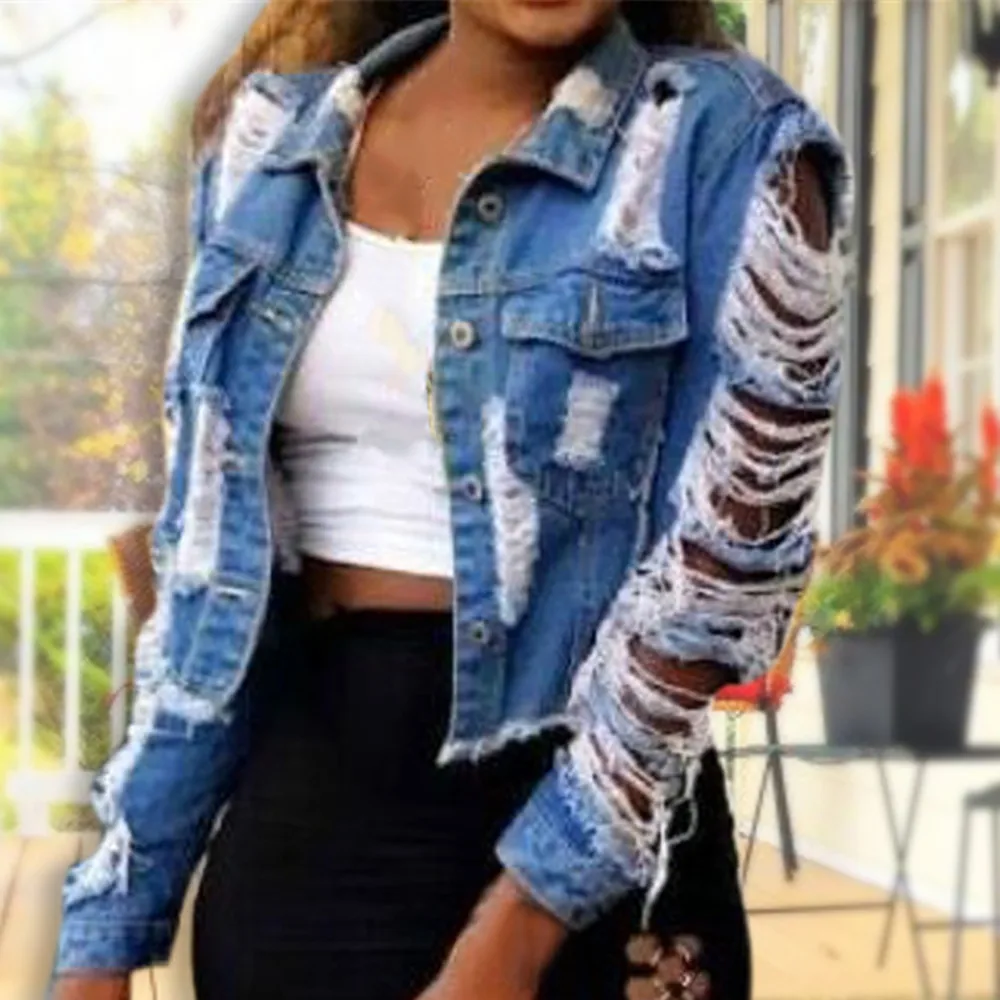 

Ladies Denim Jackets Women Spring Turn Down Collar Hole Long Sleeve Casual Denim Jacket Women Jeans Coat Chaquetas Mujer 201 4.2