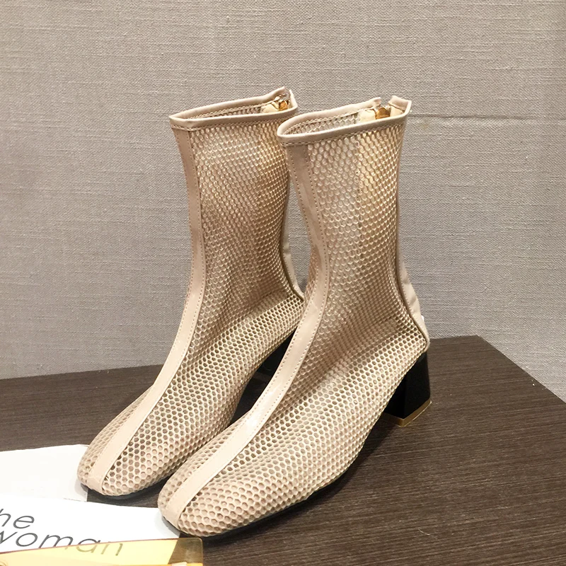 

YeddaMavis Women Boots Womens Shoes New Breathable Square Heels Shoes Mesh Boots Winter Boots Women Shoes Woman Zapatos De Mujer