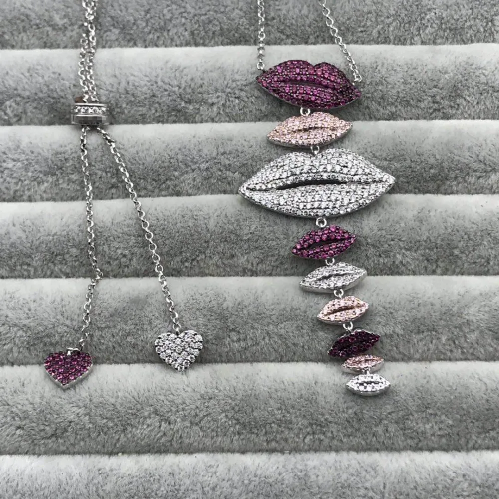 

ZEF 925 sterling silver necklace, color lips adjustable simple long clavicle chain, personalized charm ladies jewelry.