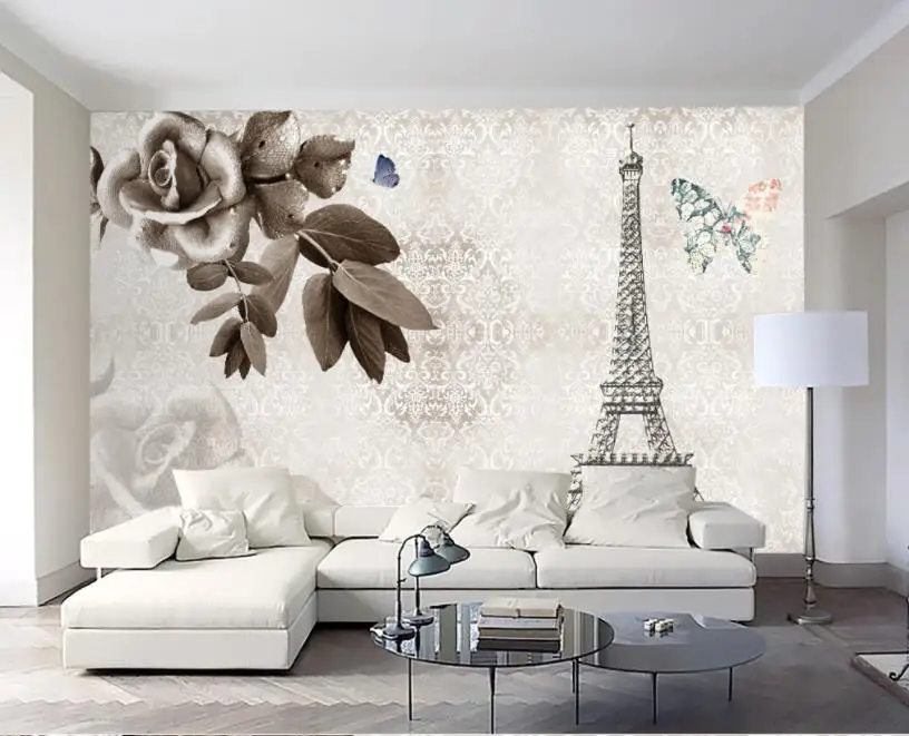 

European nostalgic Eiffel Tower TV background wall modern wallpaper for living room