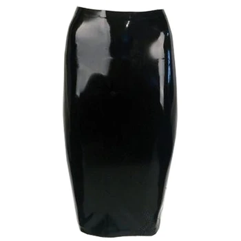 

Shinny Black wrapped Skirts Latex Rubber Knee Length Short Dress NO Zip