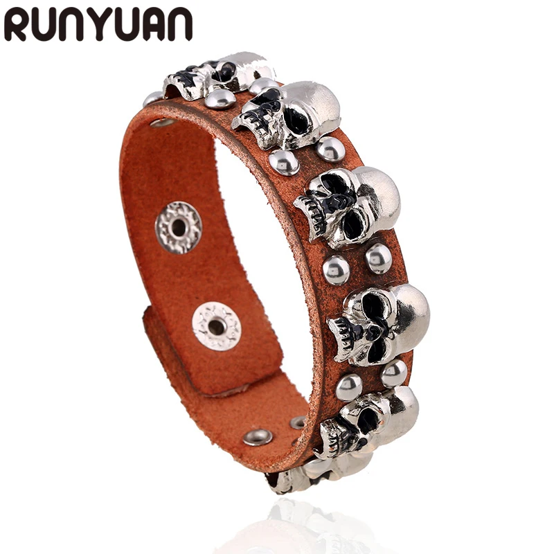 Runyuan Punk Rock Череп Скелет Браслеты Strand Винтаж Boho Античная посеребренные Кожа Craft