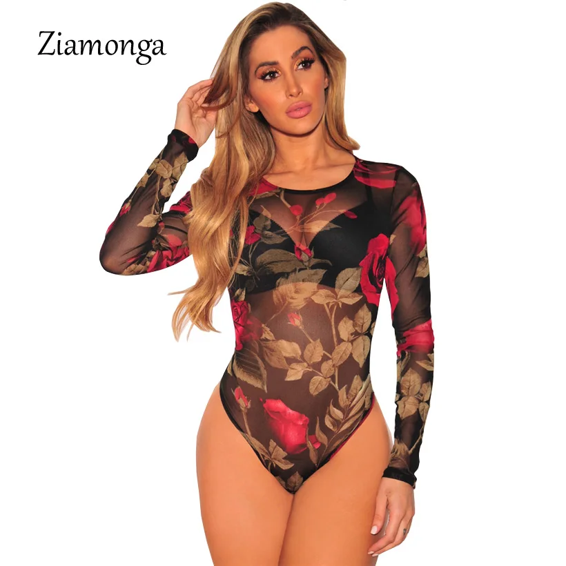 

Summer Sexy Bodysuit Women Long Sleeve Mesh Floral Print Rompers Womens Jumpsuit Slim Fit Club Sheer Playsuit Combinasion Femme