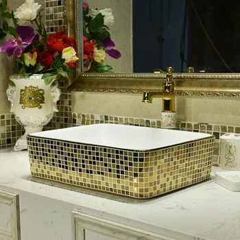 

Free shipping Ceramic Basin bowl Rectangular Art Ceramic Washbasin Household Golden Mosaic ceramic wash basin bathroom sink