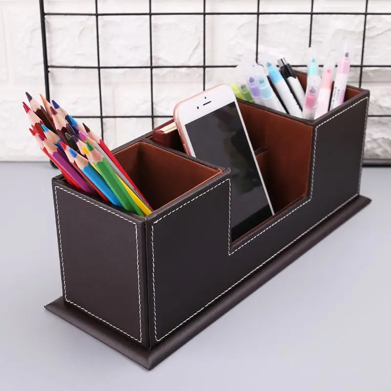 

Multifunctional Office Desktop Decor Storage Box Leather Stationery Organizer Pen Pencils Remote Control Mobile Phone Holder