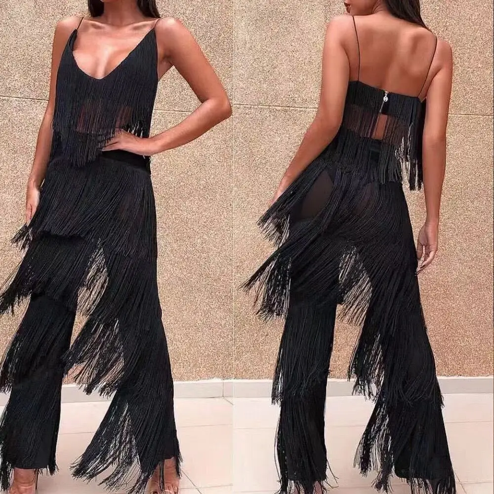Черный ремень кисточкой Комбинезоны знаменитости пикантные модные с низким декольте обтягивающий для ночного клуба вечерние Для женщин