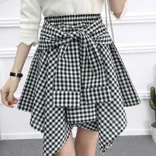 Yfashion Высокая талия клетчатая юбка повязка с бантом женские юбки Feminino летние юбки оборки Асимметричная элегантная юбка