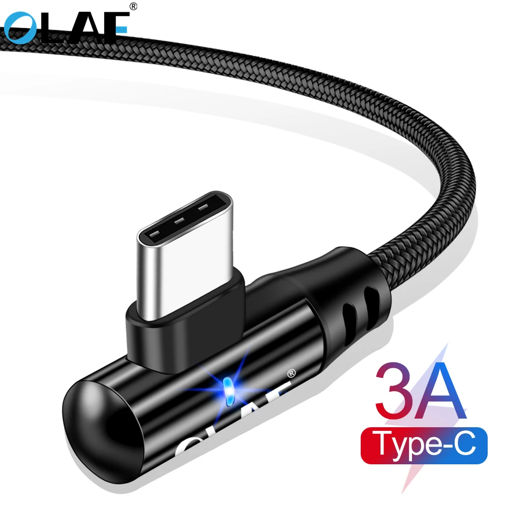 أولاف USB نوع C كابل 90 درجة 3A سريع شحن بيانات نوع-C لسامسونج S9 S10 زائد Xiaomi mi8 mi9 الهاتف المحمول USB C كابل
