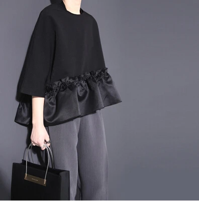 

2017 Spring Summer New Hot Blusas Women Casual Elegant OL Cute Loose 3/4 Sleeve Chiffon Ruffle Shirt Black Blouses Top