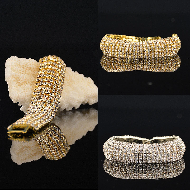 

Luxury Rhinestone Shining Elastic Bracelets Attractive Gold Silver Color Crystal Bangle For Women Bling Wedding Jewelry
