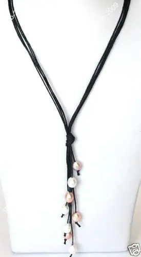

Hot sale new Style >>>>>New Fashion Black Leather Rope & White Pink Freshwater Pearl Necklace 21"Long