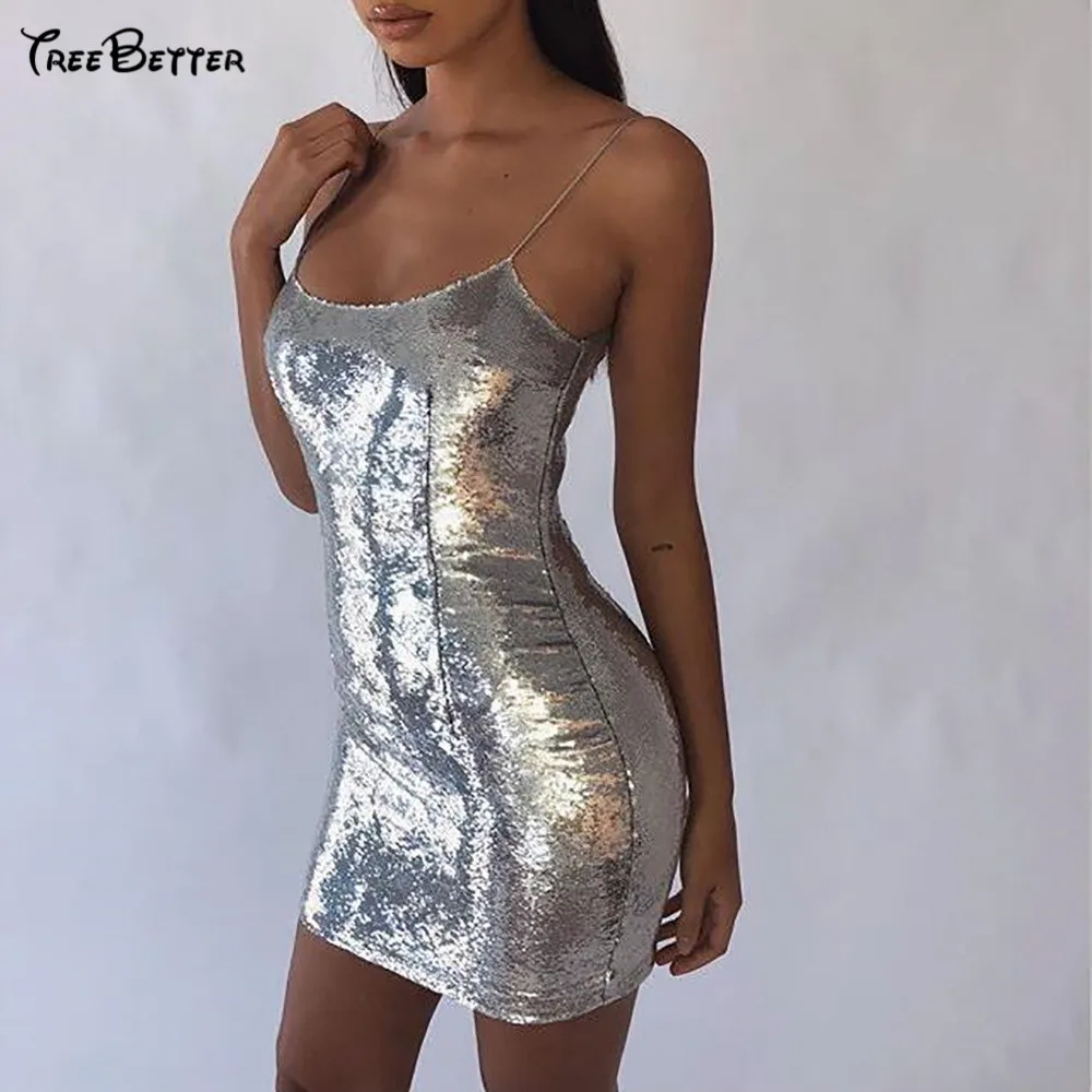 

Sequins Bling Spaghetti Strap Sexy Backless Women Summer 2019 Party Dresses Club Mini Dress
