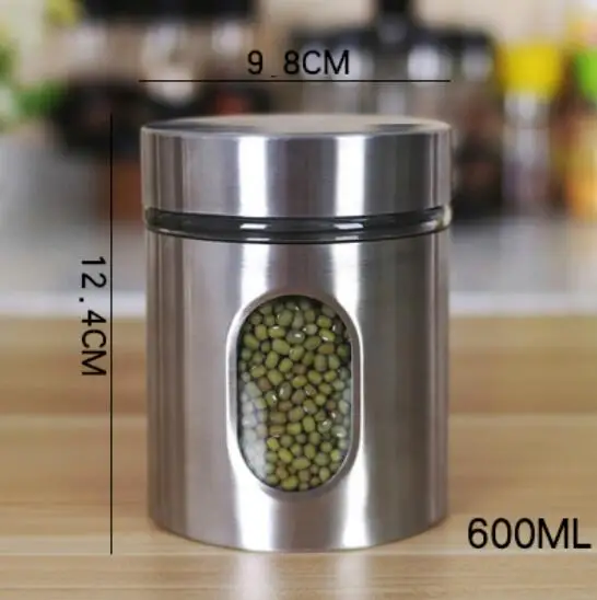 600ML Бытовой кухонный стеклянный герметичный резервуар для хранения из нержавеющей стали с крышкой чайные баночки бак для хранения приправ WF4091508 - Цвет: 600ML