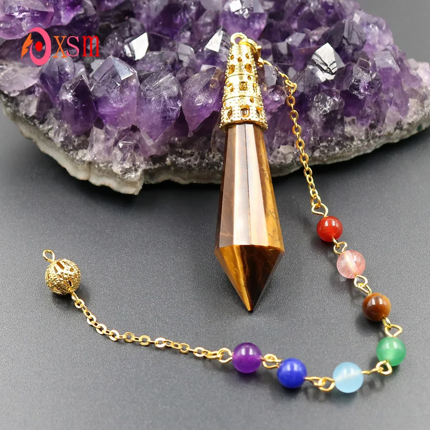 xinshangmie Light Yellow Gold Color Natural Tiger Eye Stone Pyramid Hexagonal Prism Pendulum Pendant 7 Chakra Chain Jewelry | Украшения и
