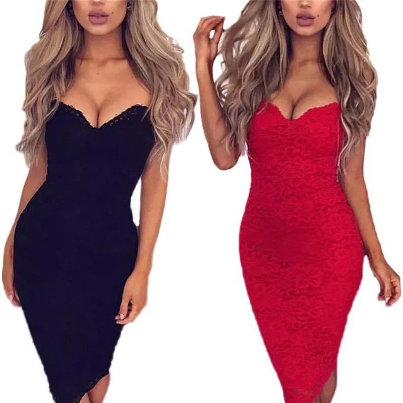 

Women Summer Sleeveless Solid Sexy Evening Party Dress Slim Fit Package Hip Lace Sling Dresses Elegant Vestidos