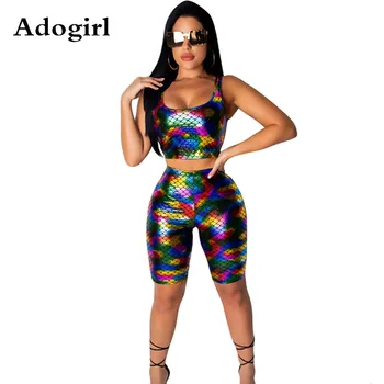 

Pu Leather Colorful Fish Scale Print Two Piece Set Sleeveless Crop Tank Top And Knee Length Pants Night Club Party Women Outfits