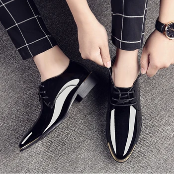 

luxury Brand Men Classic Pointed Toe Dress Mens Lace up Patent Leather Black Wedding Oxford Formal Shoes Big Size 38-48