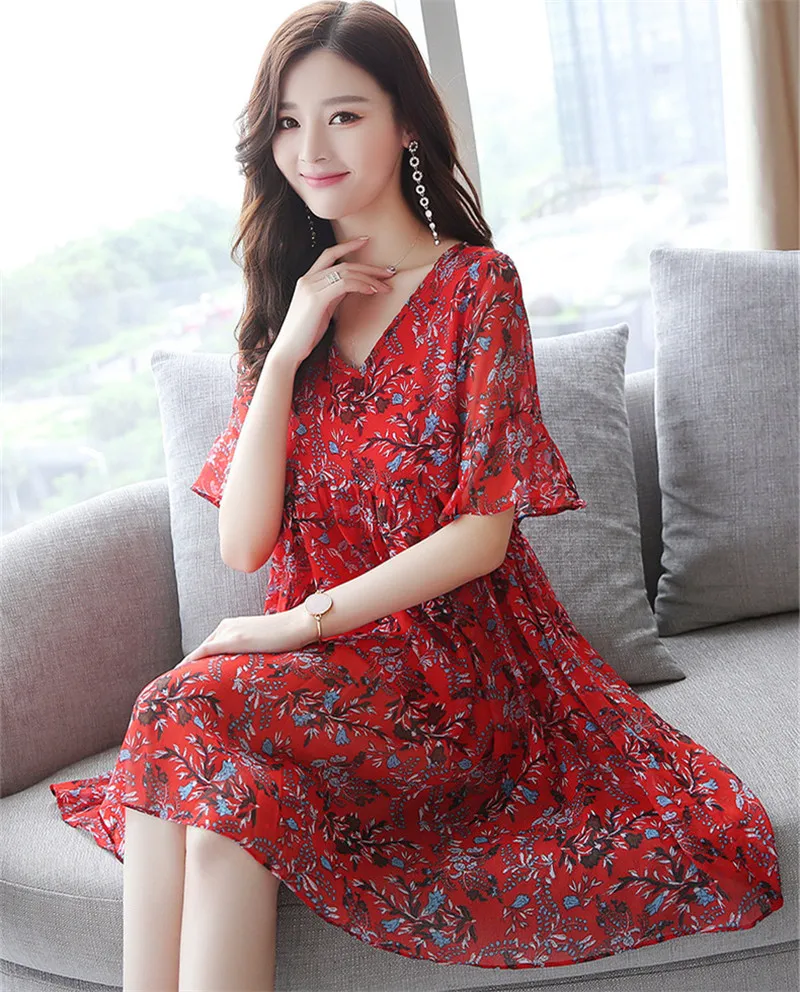 TEAEGG свободное платье Vestido Цветочное Femme шифоновое мини красное женская одежда 2020
