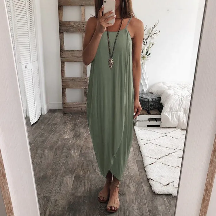 

Summer Sleeveless Bohemian Casual Dress Women Spaghetti Strap Solid Color Loose Beach Holiday Dress