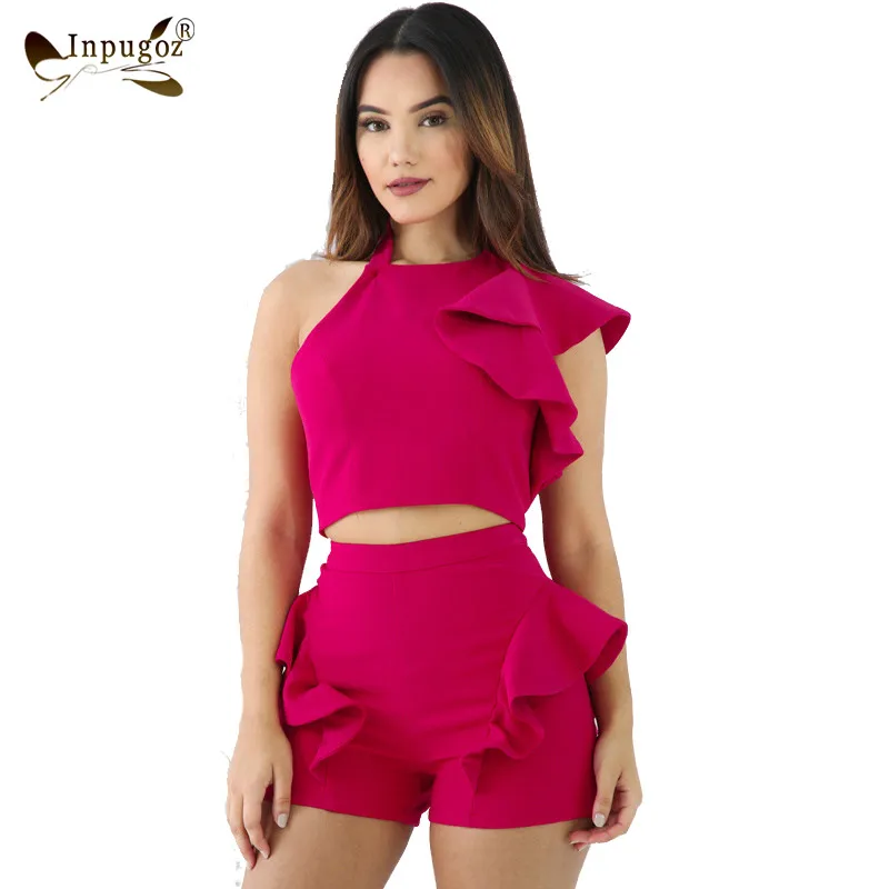 New Elegant Design Ruffed Sleeve Halter Crop Top With Shorts Summer