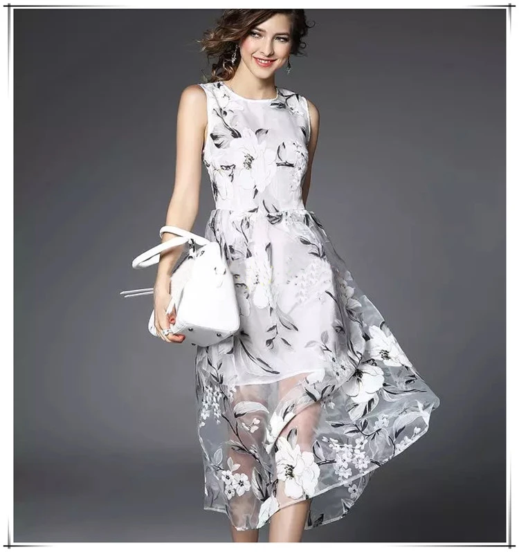 Burn Out Organza Fabric White Ground Black Floral Burn Out