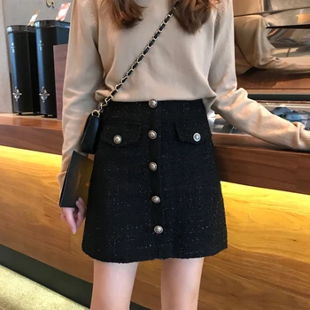

Autumn Winter Tweed Skirts Women Button Mini Pencil Skirts Plaid Wool Skirts Korean Bodycon High Waist Elegant Tweed Skirt Lady