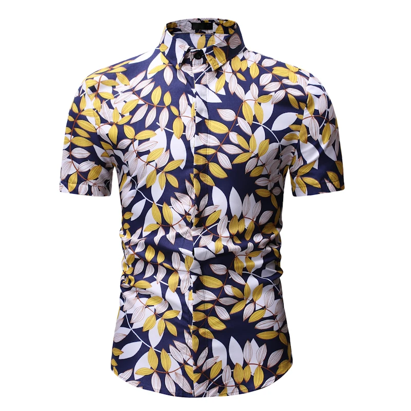 Модная Гавайская Мужская рубашка с коротким рукавом и принтом листьев, новинка, приталенная Повседневная рубашка на пуговицах, мужская рубашка 3XL