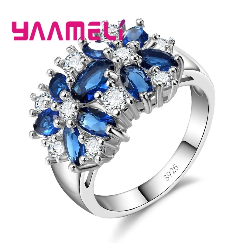 YAAMELI Luxury Women Wedding/Engagement Jewlery Rings 925 Sterling Silver Flower Crystal Pave Setting Ring Anillo For Sale