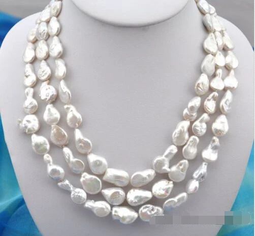 

Free shipping >>>>>3row 20" 19mm baroque white freshwater pearl necklace